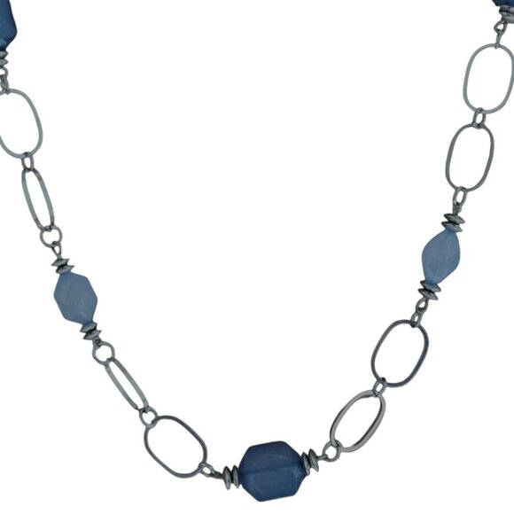 Retro Chunky Blue Beads Silver Tone Chain Statement Necklace Fashion Jewelry - Picture 1 of 6